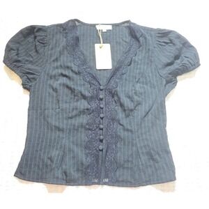 Rihoas Top Short Sleeve Button Black Lace Cottage Romantic Medium